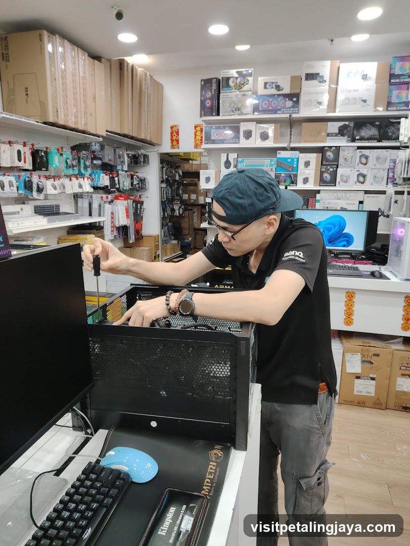 Tech Store Interior with Technician Working on Computer