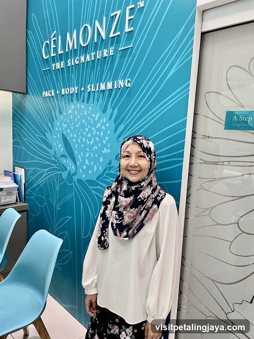 Woman in floral hijab standing inside a beauty clinic