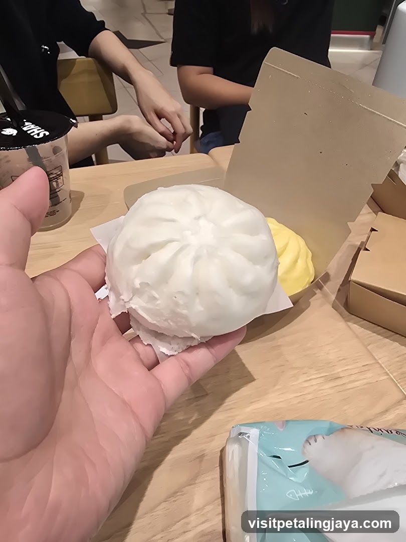 Hand holding a steamed bun at a cafe table