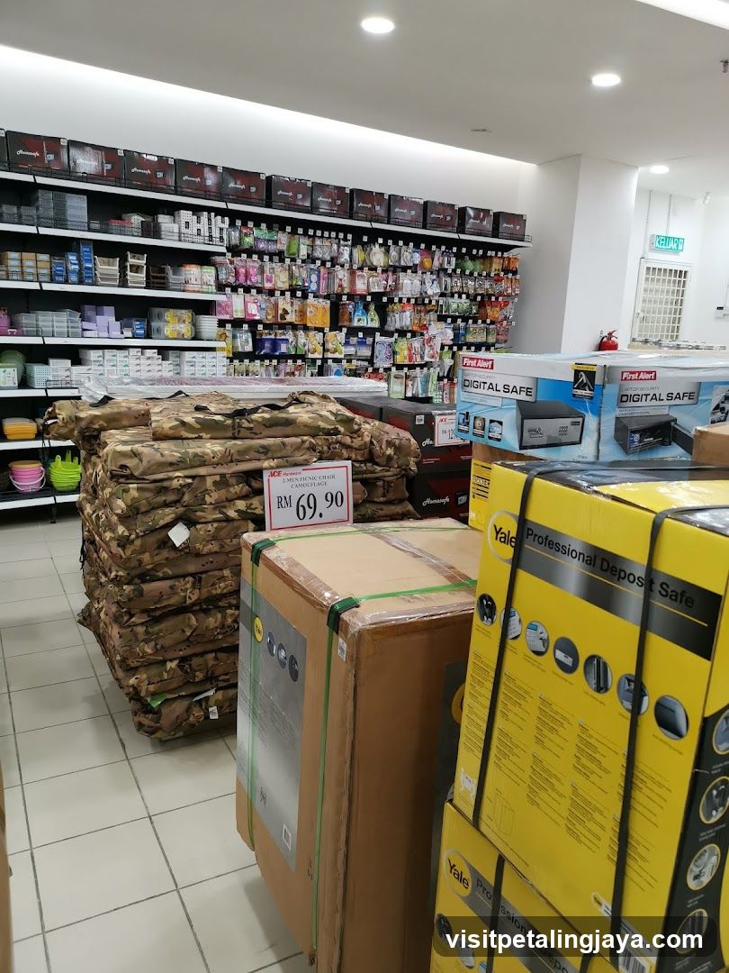 Interior of a retail store with security products and bedding