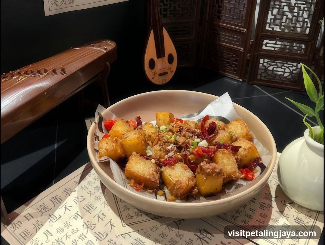Chinese-style dish presentation with traditional instruments