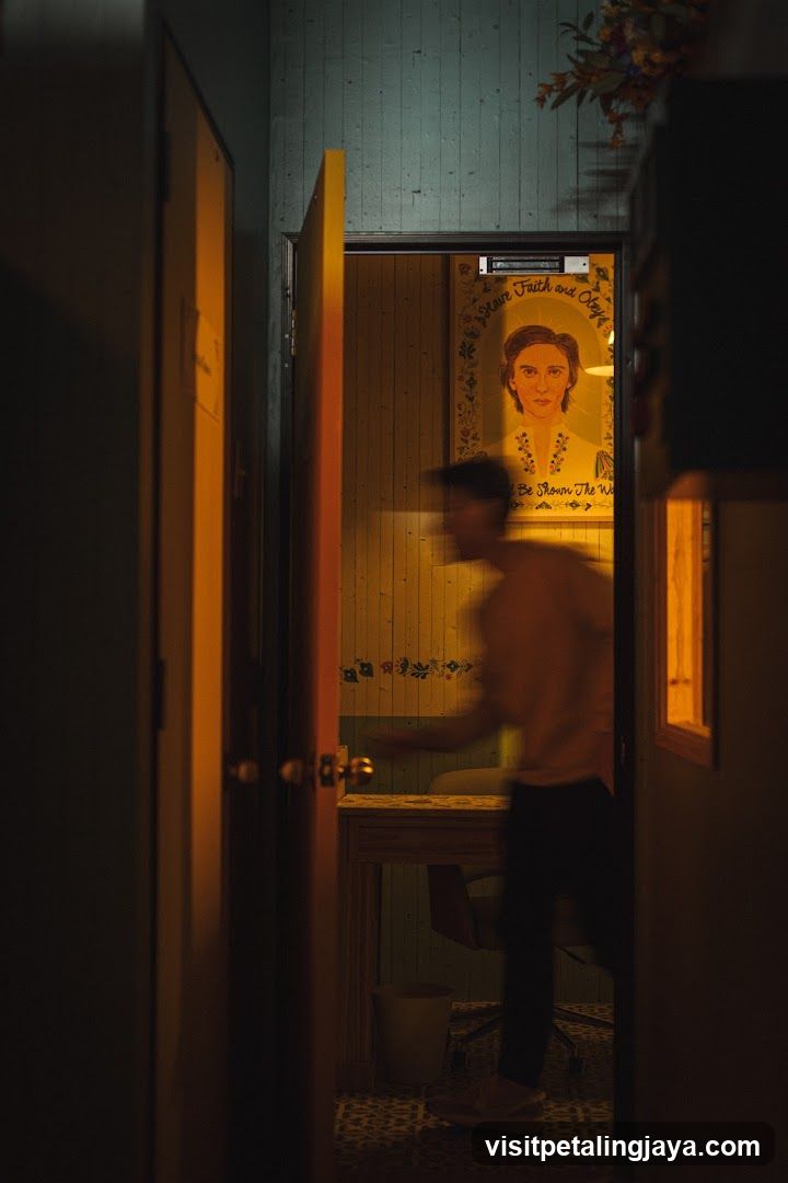 Interior with Blurred Figure and Religious Poster