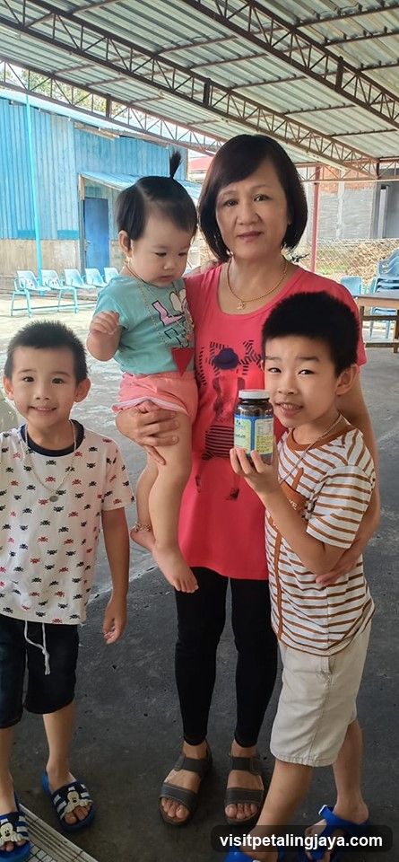 Family with a bottle of product