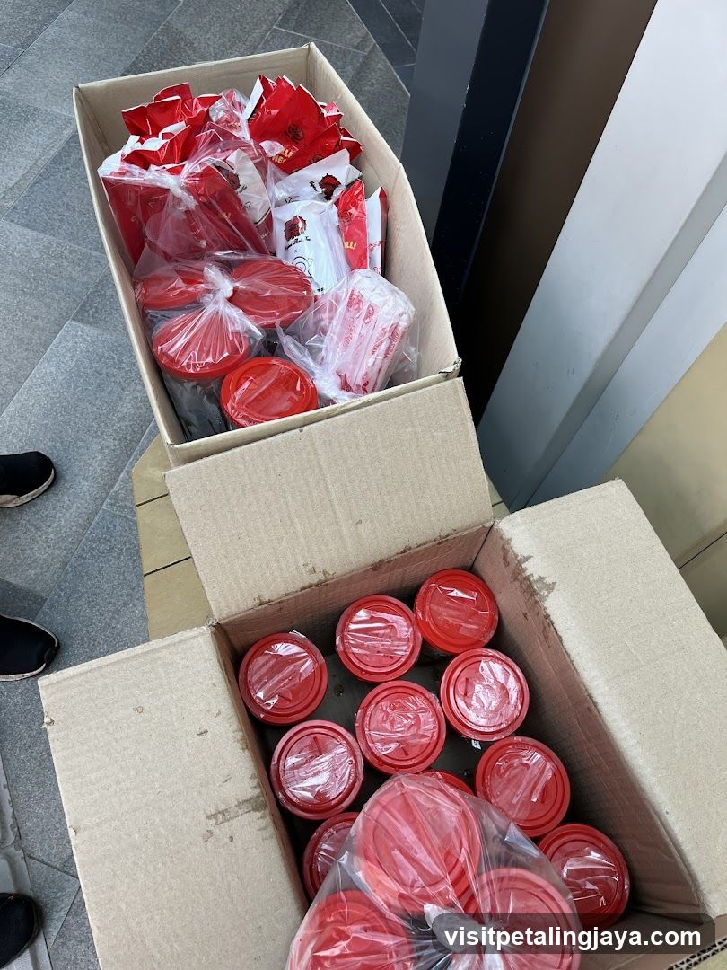 Red packaged goods in boxes