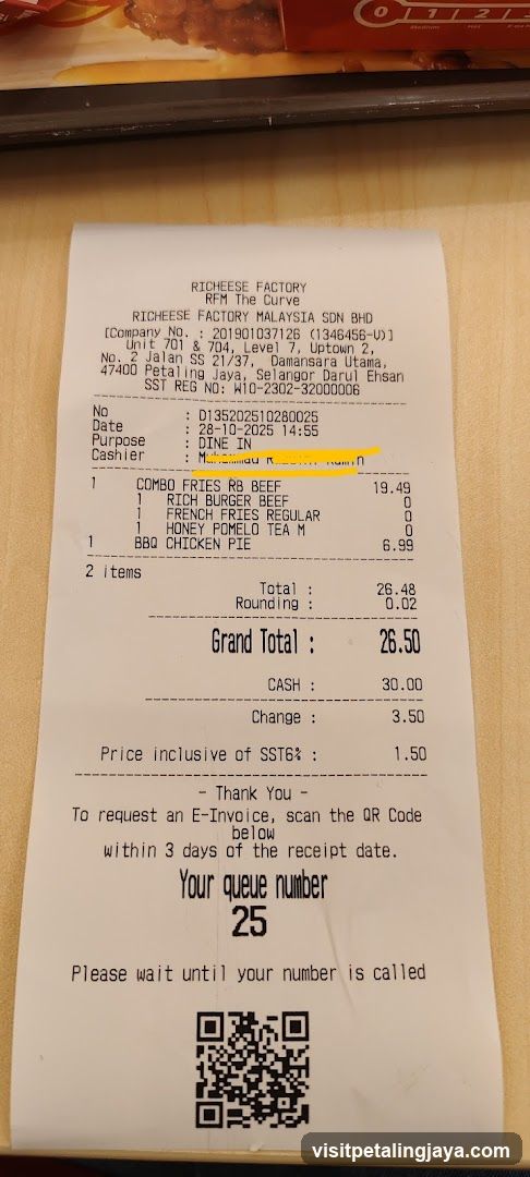 Receipt from Richeese Factory