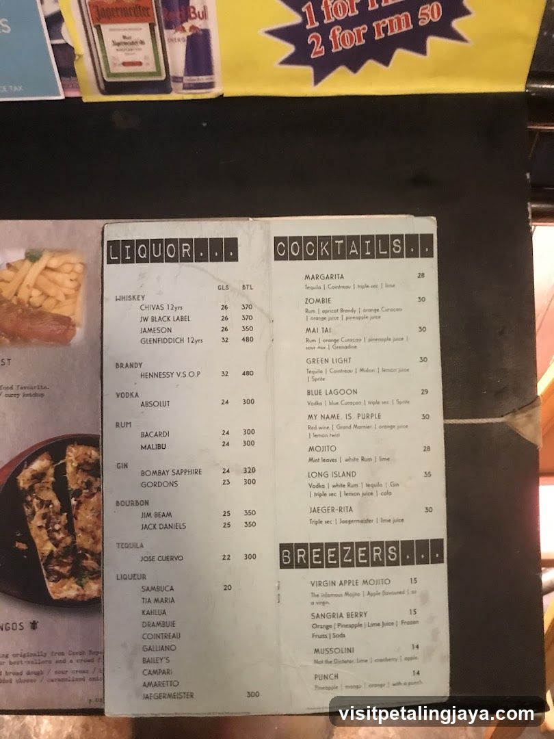 Liquor and Cocktails Menu