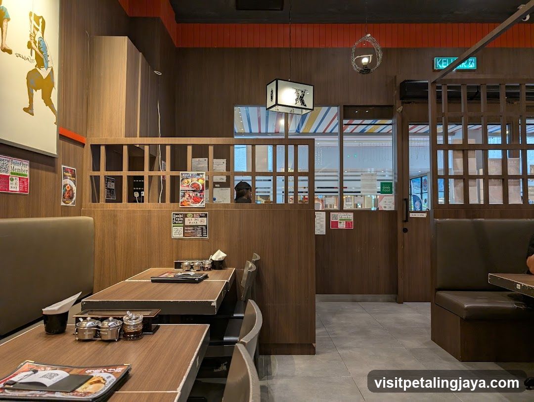 Restaurant Interior with Wooden Booths and Decorative Elements