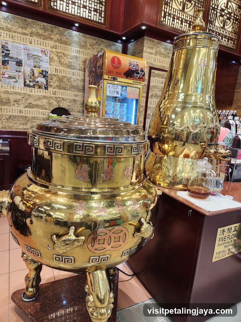 Interior of a tea shop with golden urns