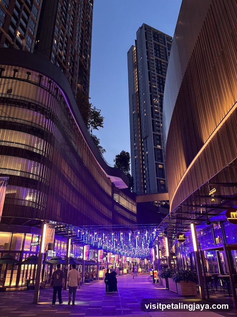 Evening Urban Walkway with Neon Lights