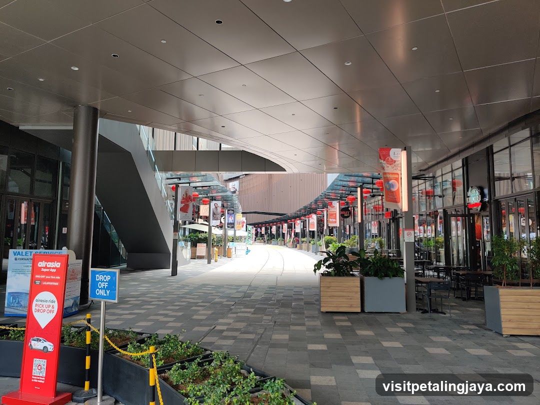 Aerial view of a modern shopping complex entrance