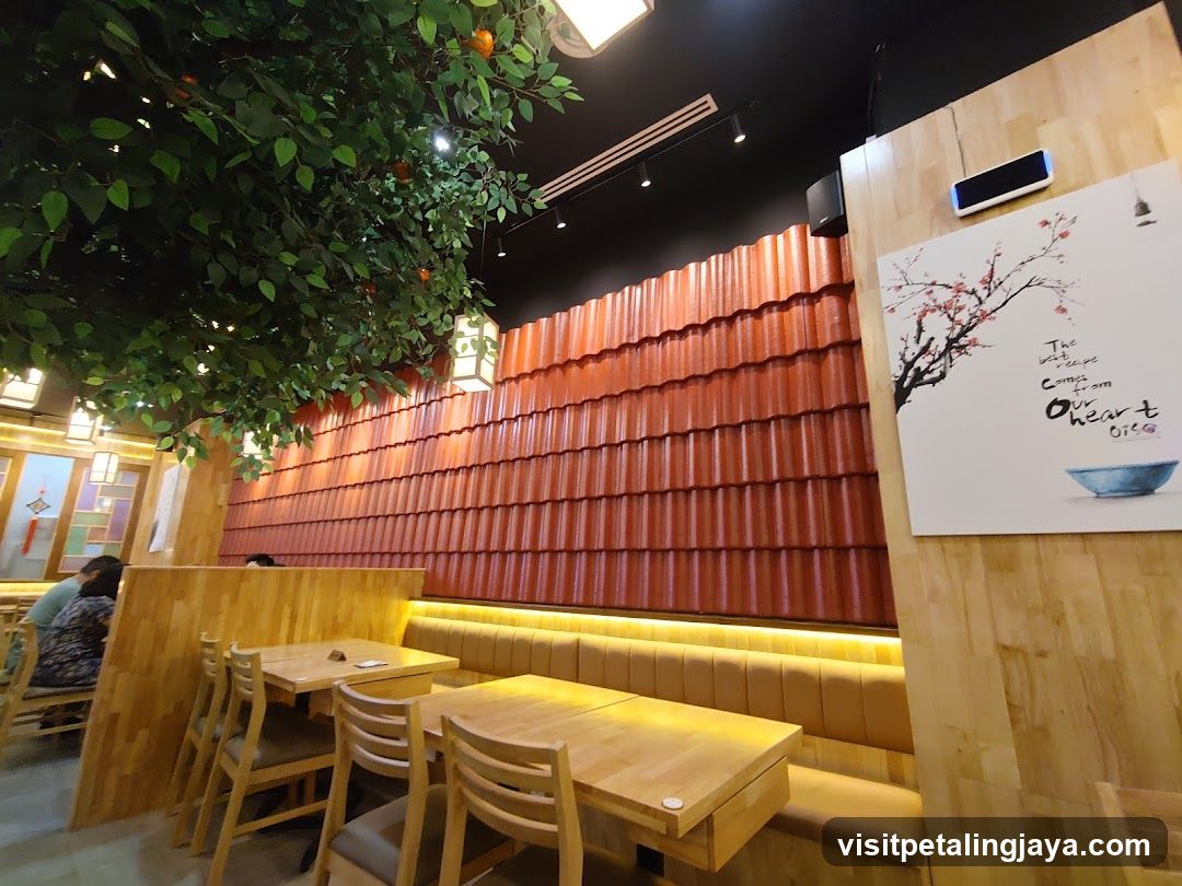 Restaurant Interior with Wooden Decor and Red Tiled Wall
