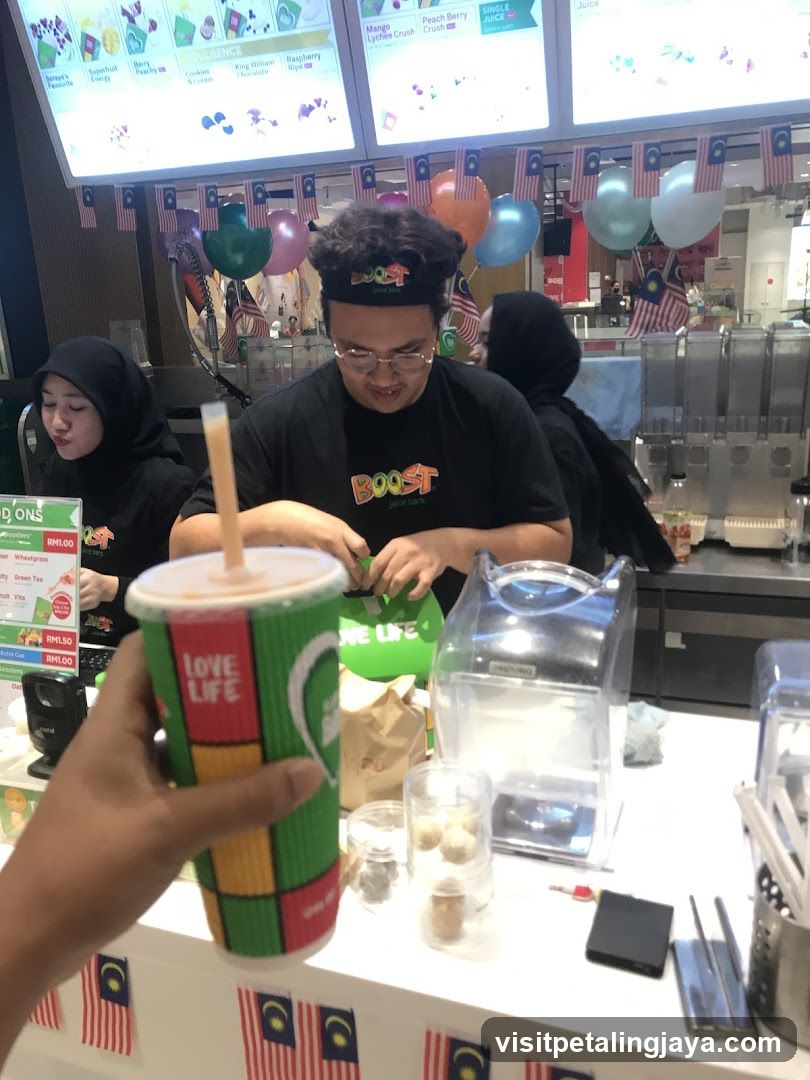 Beverage Shop Interior with Staff and Customer