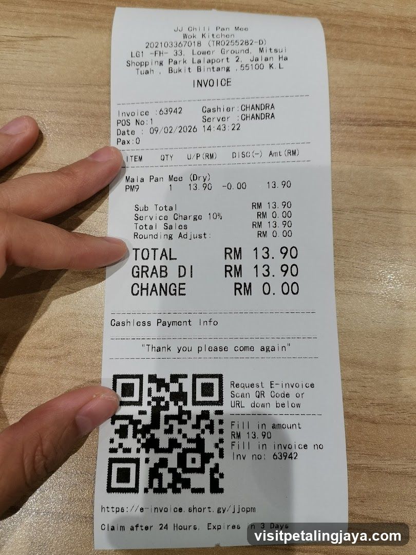 Receipt of J.J. Chili Pan Mee
