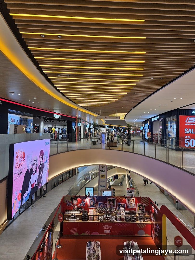 Shopping Mall Interior with Merchandise Display and Storefronts
