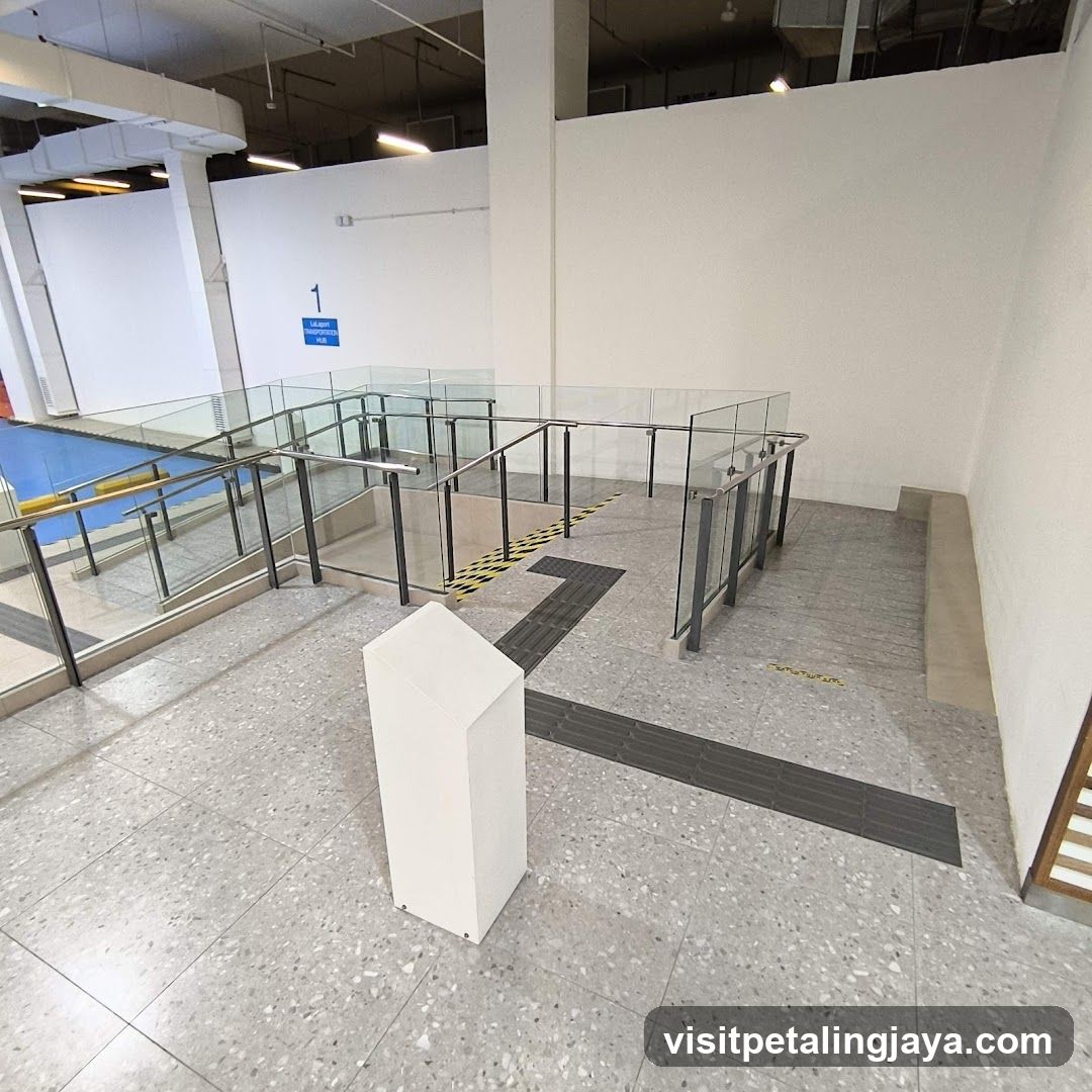 Interior Space with Glass Railings and Signage