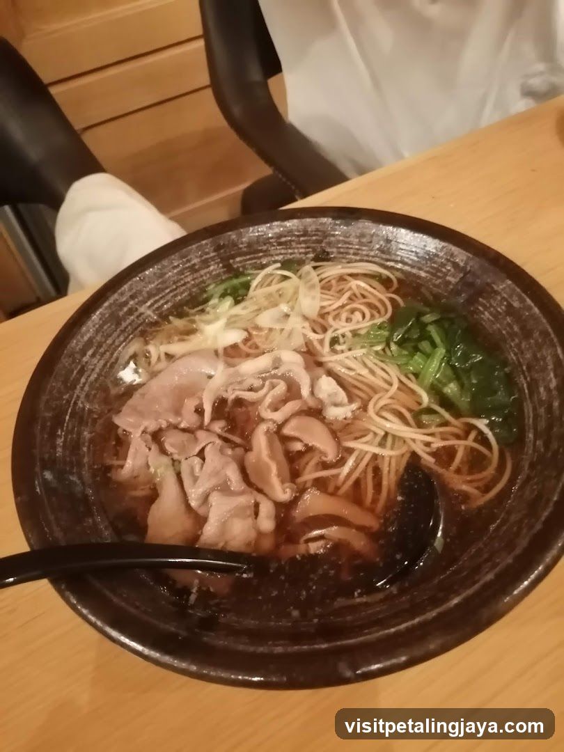 Bowl of Noodles with Meat and Greens