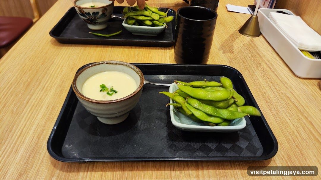 Edamame and Soup Dishes on Trays