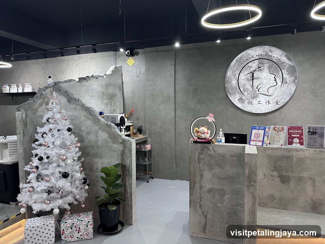 Interior of a hair studio with Christmas decor