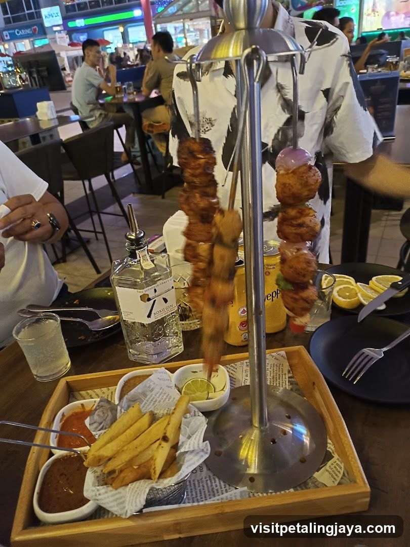Grilled Skewers and Fries at a Night Market Bar