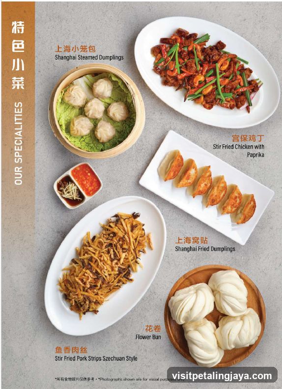 Shanghai Steamed Dumplings, Stir Fried Chicken with Paprika, Shanghai Fried Dumplings, Flower Bun, Stir Fried Pork Strips Szechuan Style