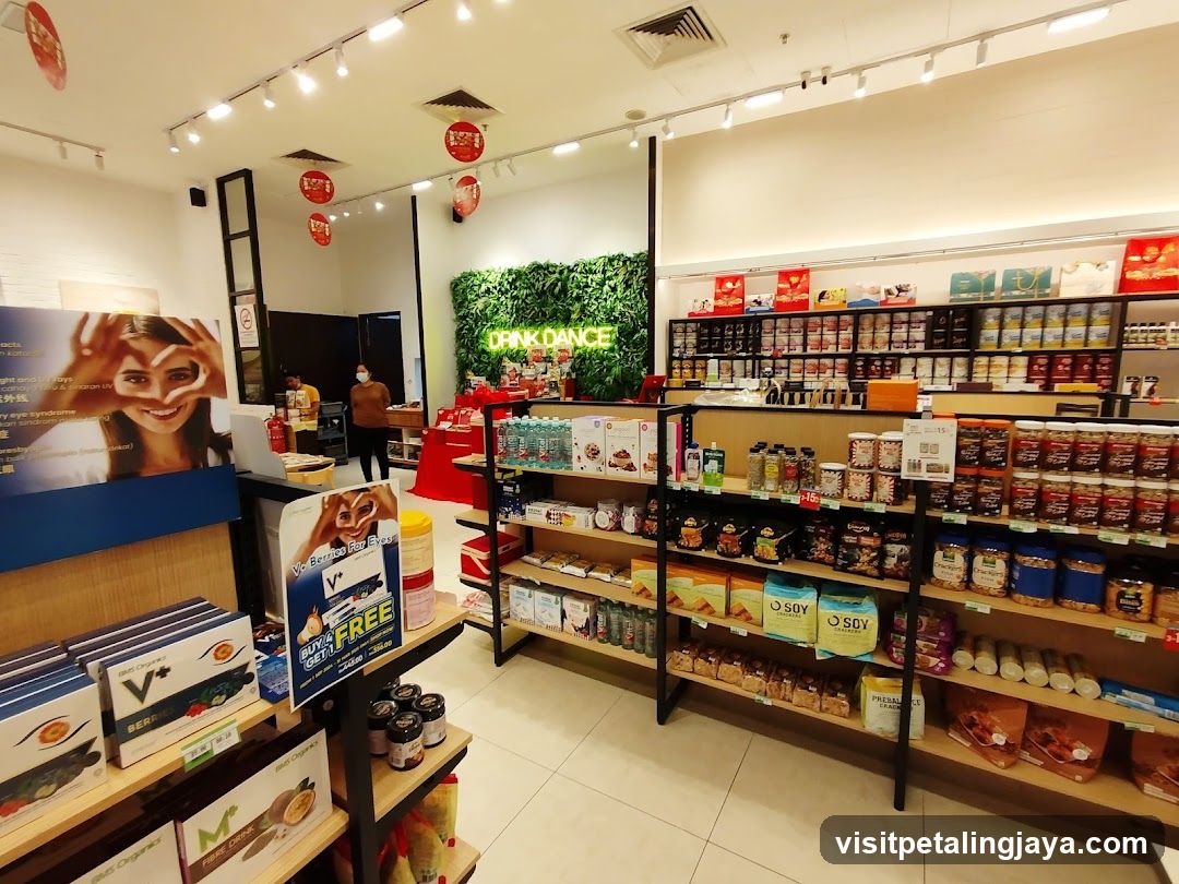 Interior of a well-lit retail store with shelves stocked with various products.