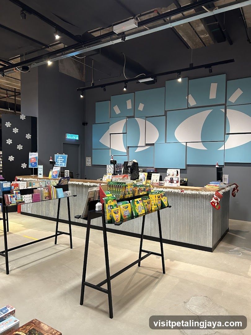 Interior of a retail space with product displays and wall art