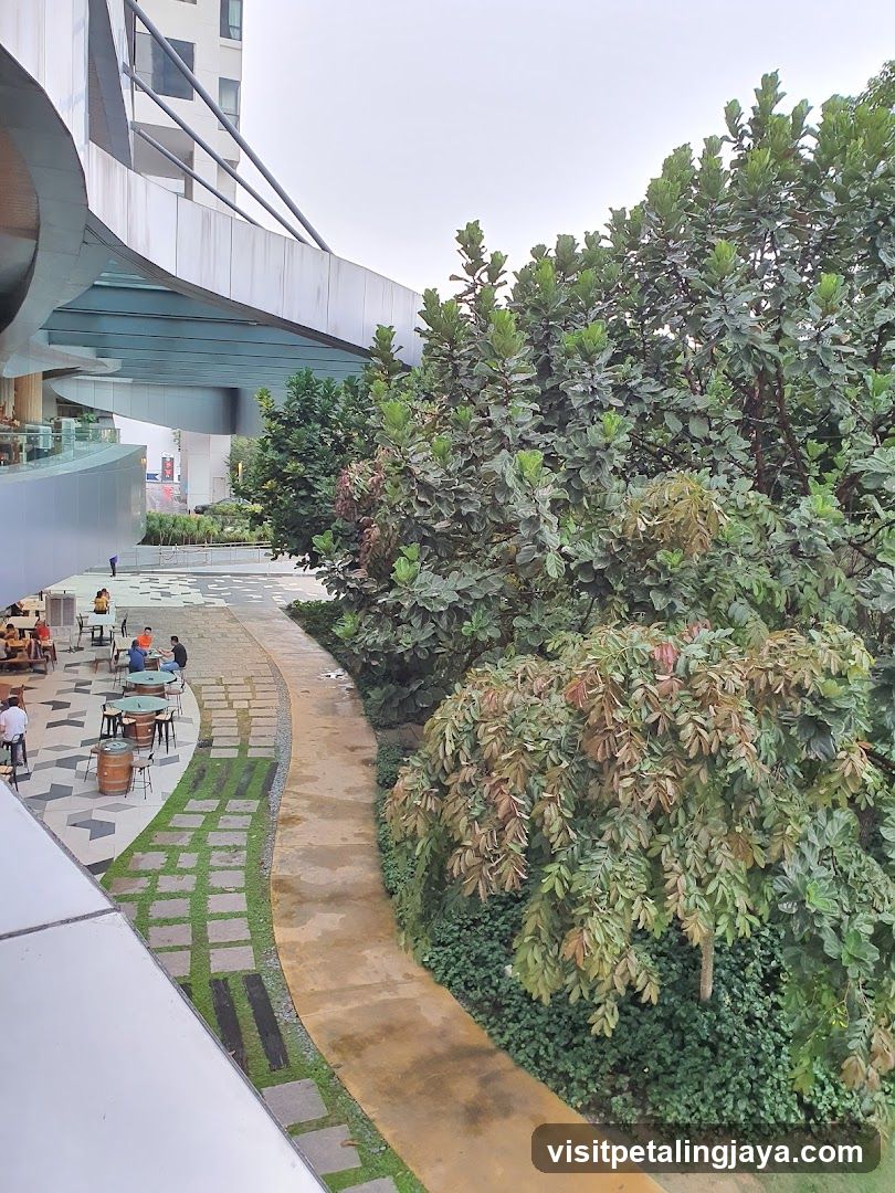 Outdoor seating area with greenery and modern architecture