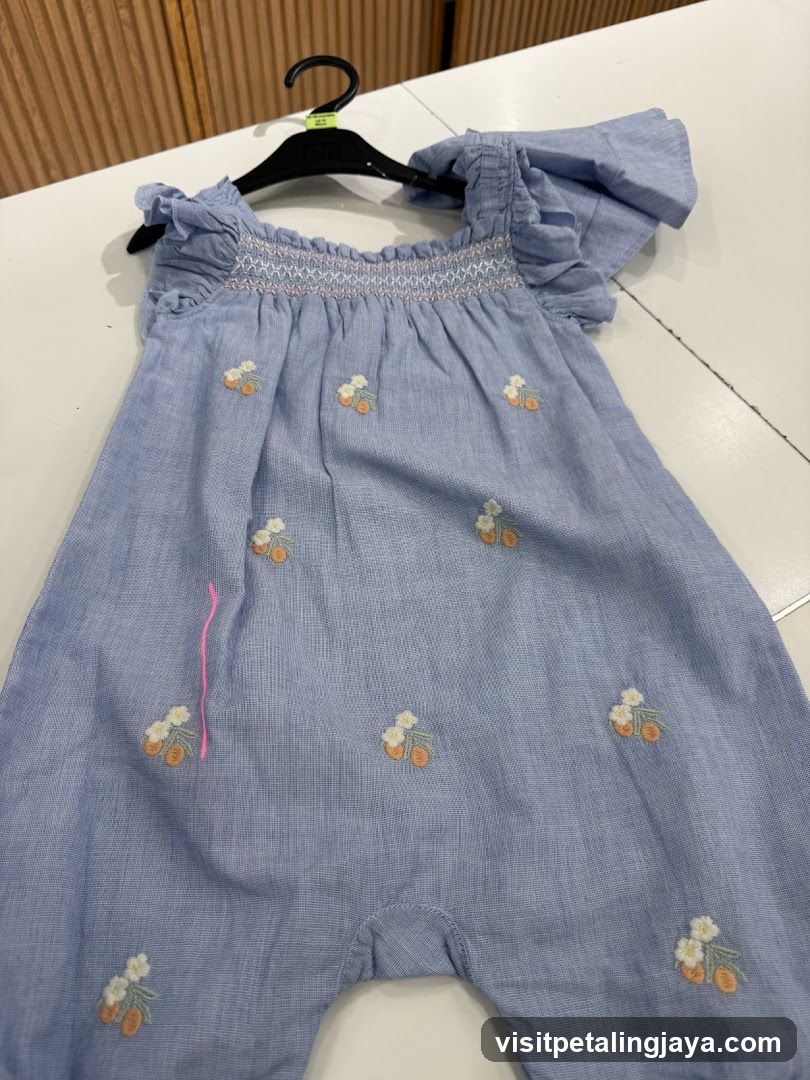 Blue Smocked Jumpsuit with Floral Embroidery