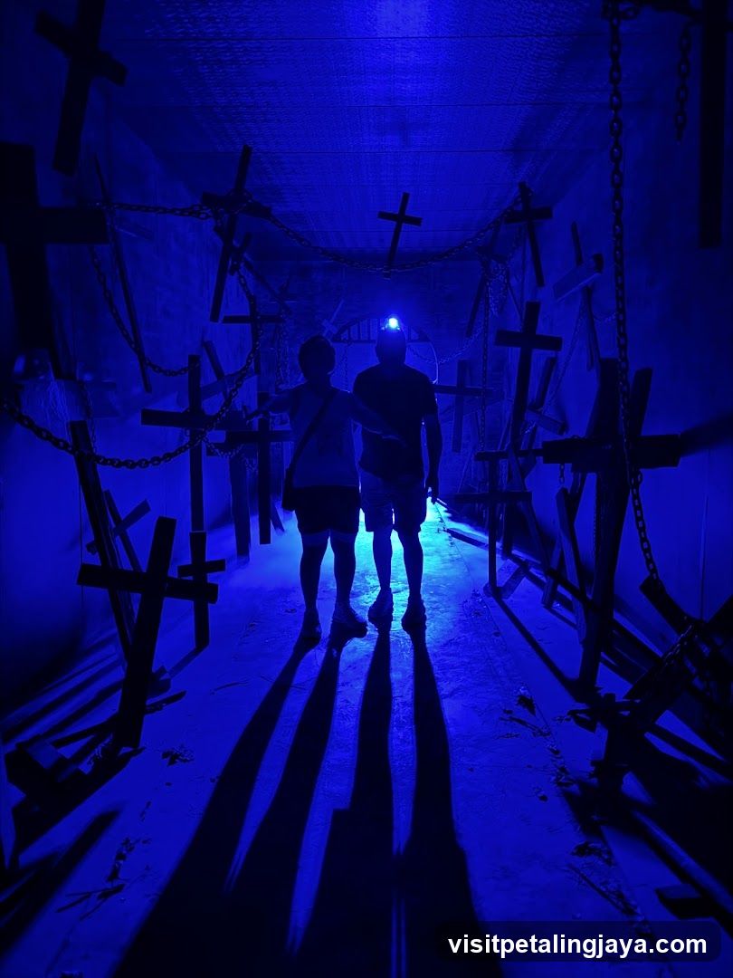 Blue-lit corridor with crosses and chains