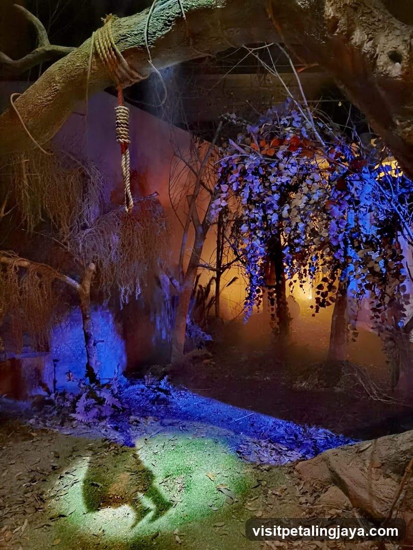 Atmospheric Forest Scene with Hanging Rope and Projected Shadow