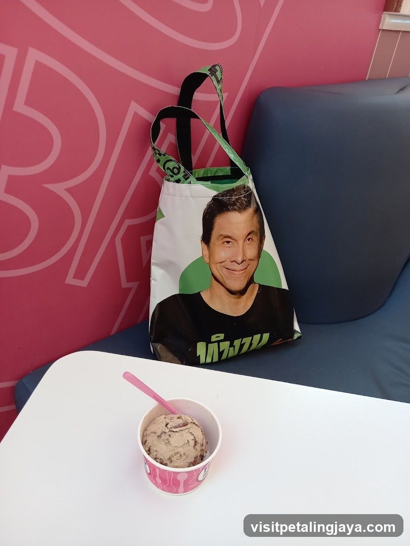 Ice cream cup and tote bag in a shop interior