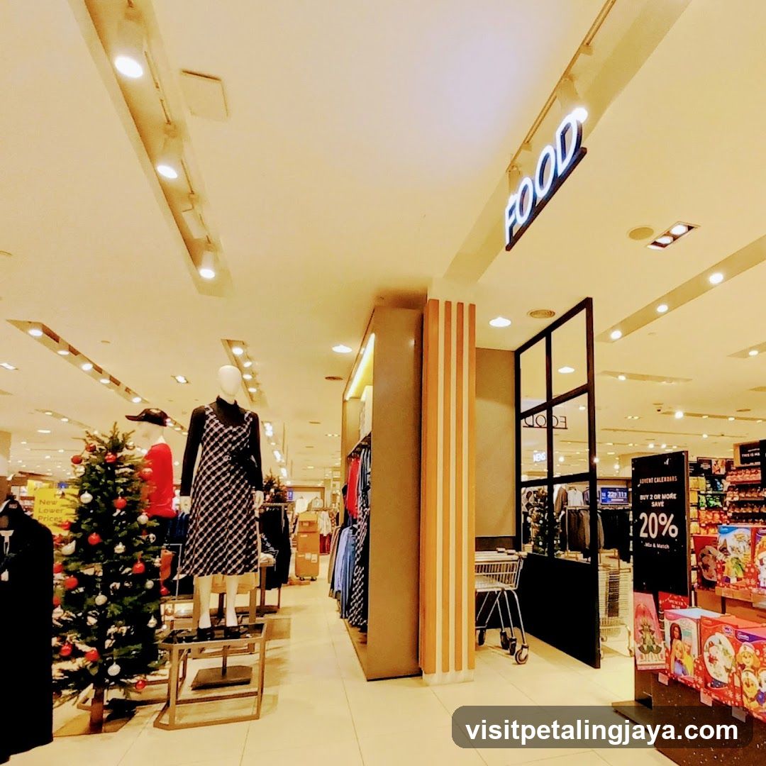 Shopping Mall Interior with Food Section and Christmas Decorations