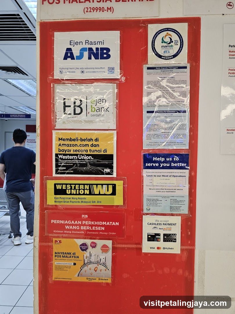 Red notice board with service posters