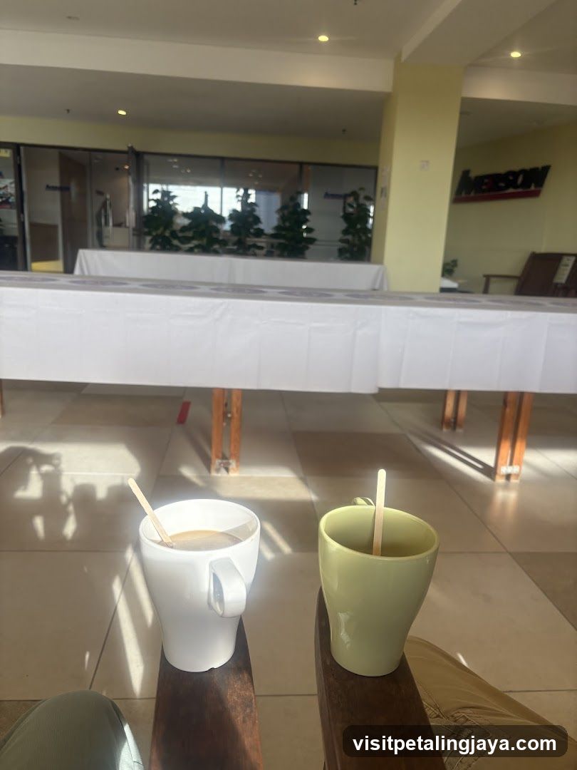 Coffee cups in a lobby area