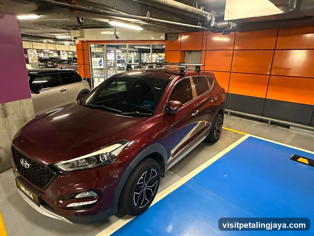 Maroon SUV in Parking Garage