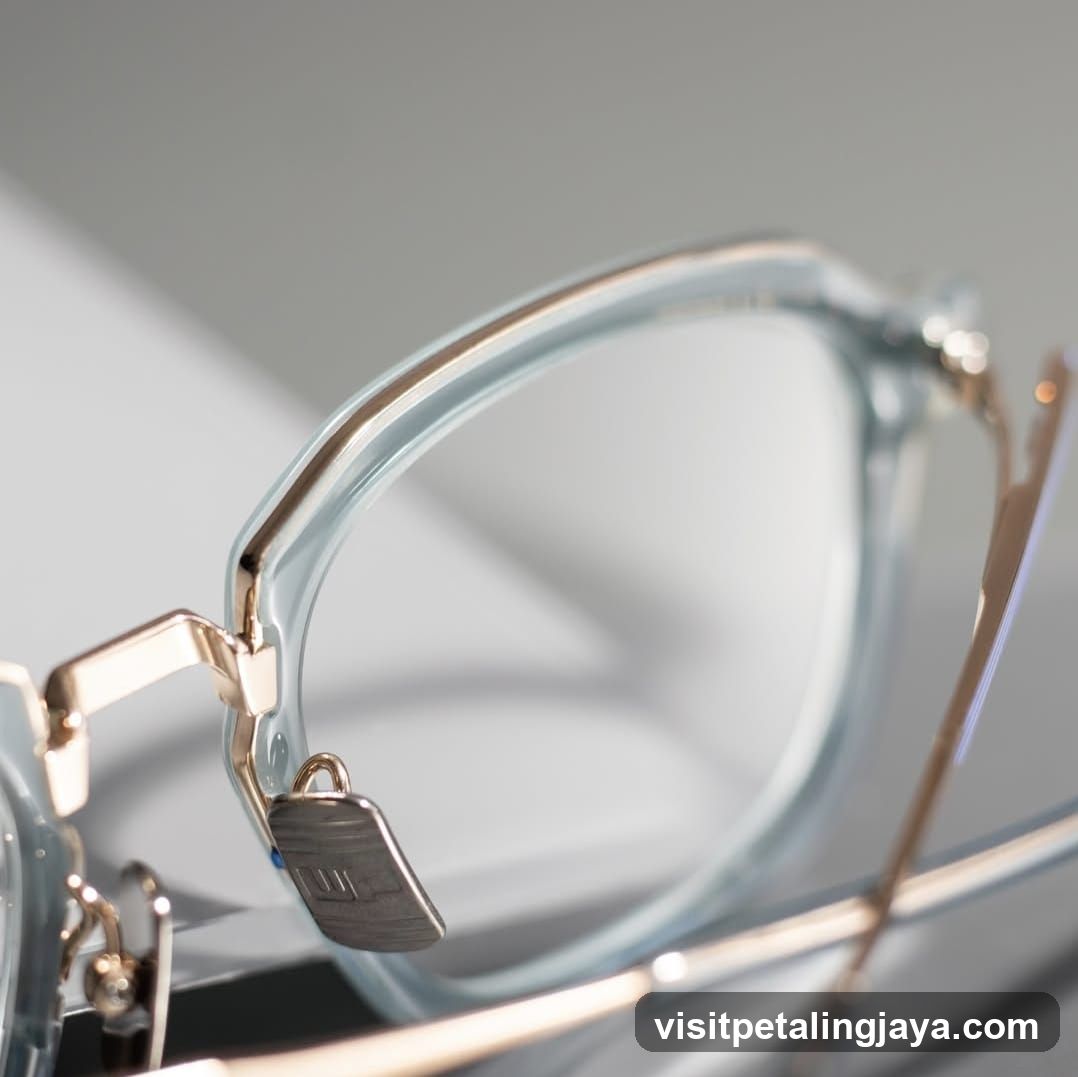 Close-up of eyeglasses with metal hinges and temple arms