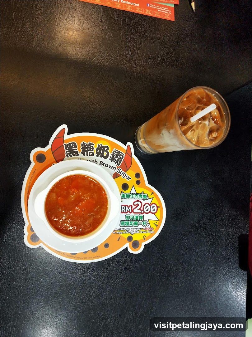 Tabletop with beverage and dessert