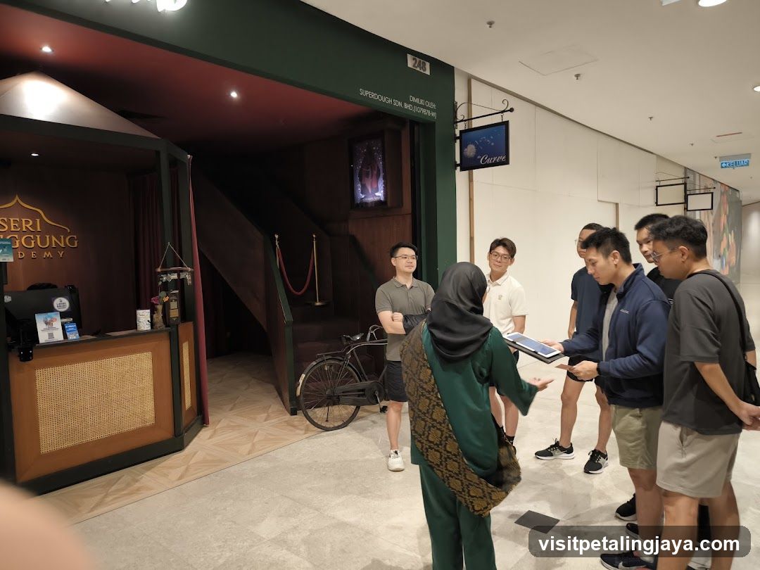 Group gathering near shop entrance