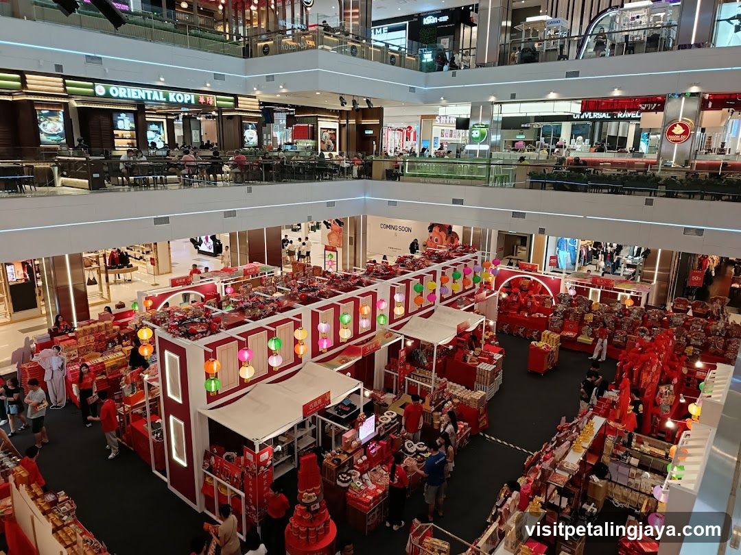 Shopping Mall Interior with Red-Themed Decor