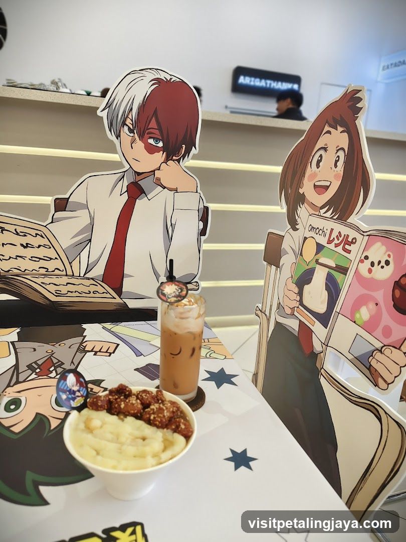 Anime-themed cafe interior with food and drinks