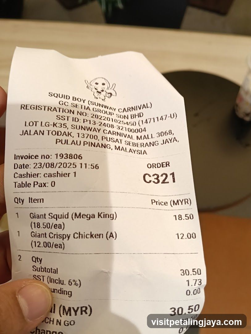 Receipt from Squid Boy (Sunway Carnival)