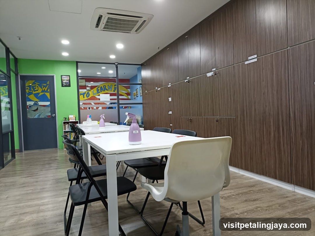 Classroom Interior with Tables and Chairs