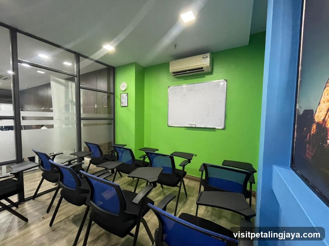 Classroom Interior with Green Walls and Blue Chairs