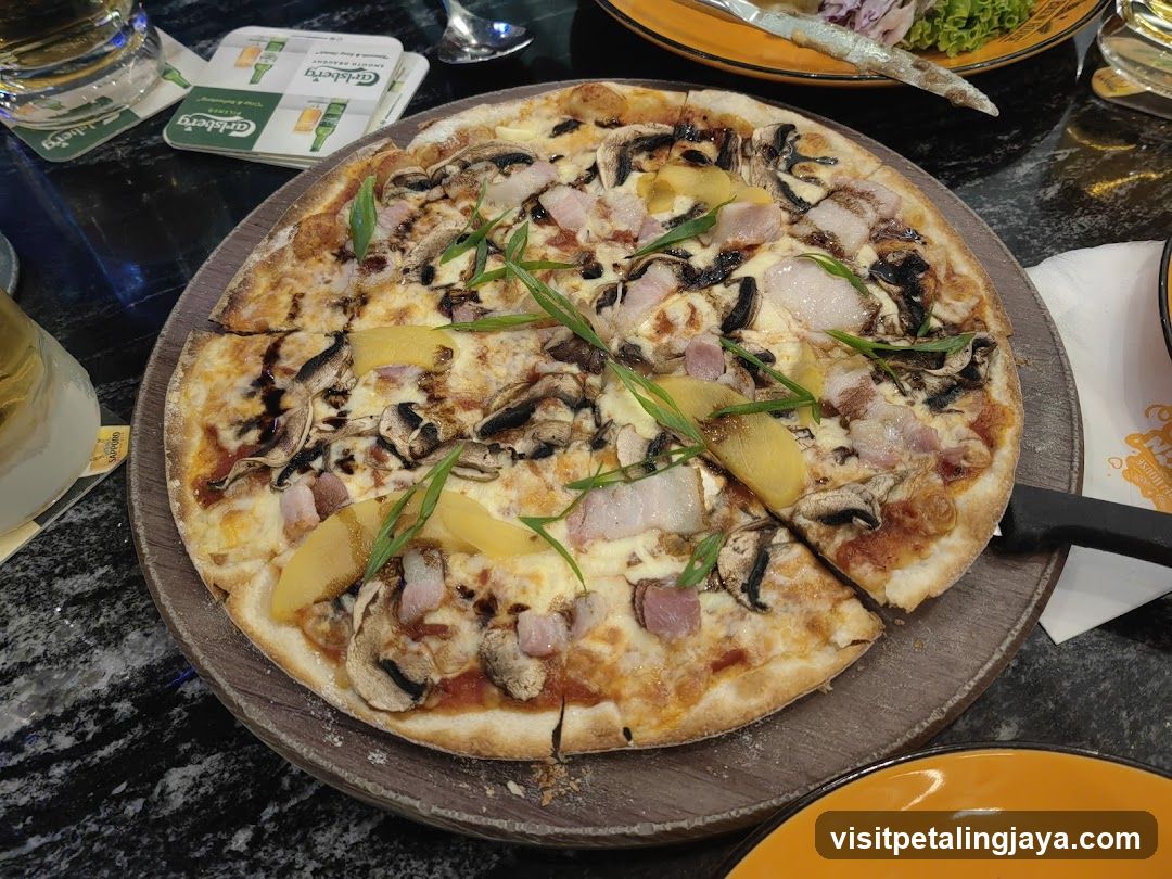 Pizza on wooden serving board