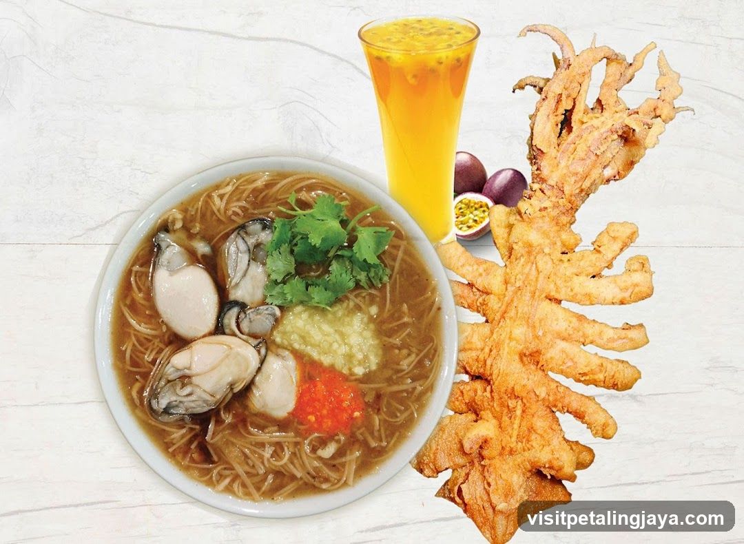 Oyster Noodle Soup with Fried Squid and Passion Fruit Drink