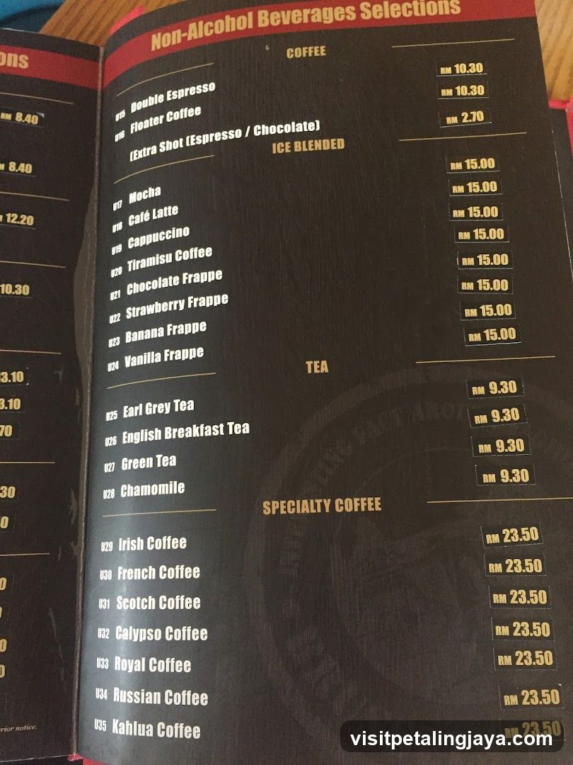 Non-Alcohol Beverages Selections Menu