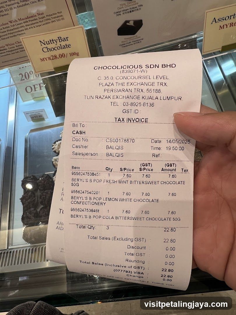 Receipt at Chocolicious Store