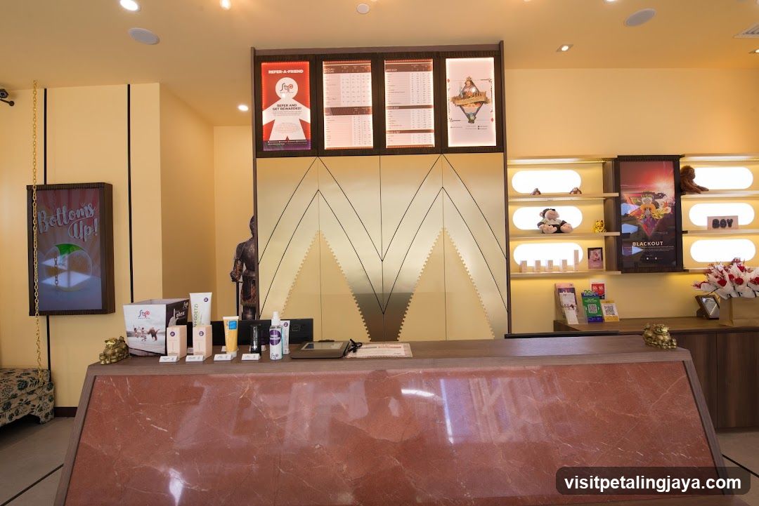 Interior of a shop with display counter and posters