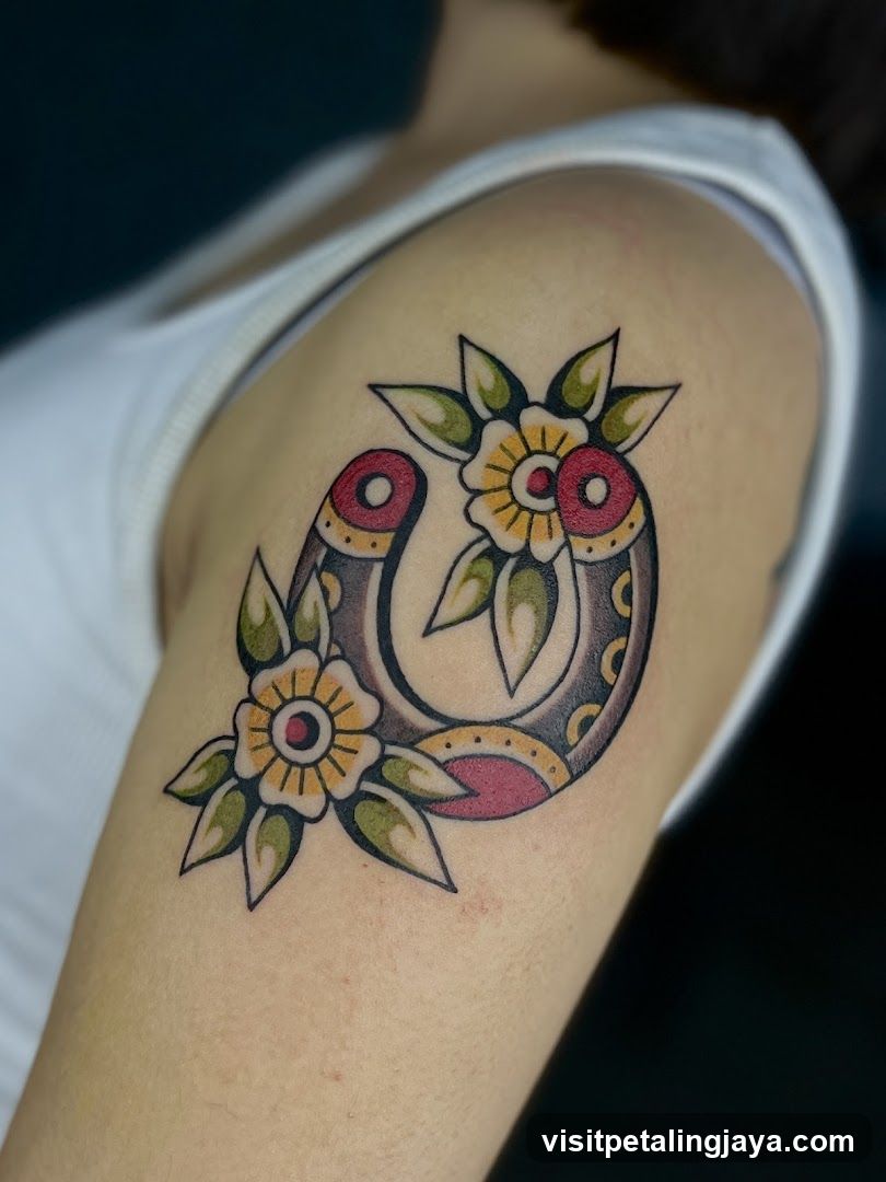 Flower and Horseshoe Tattoo on Shoulder