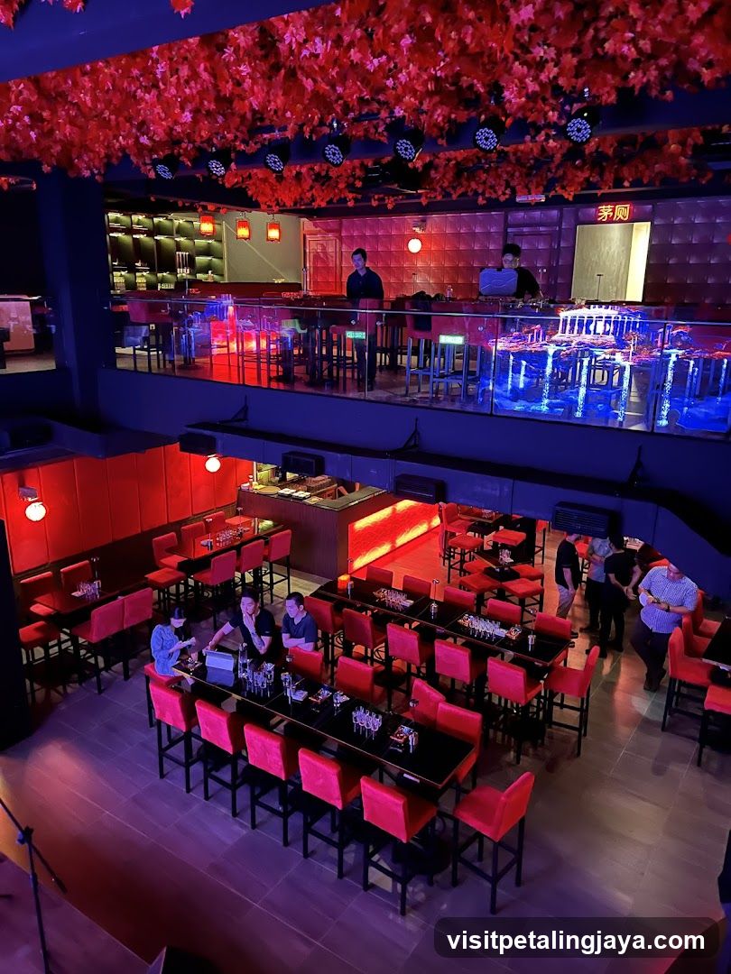 Interior of a modern restaurant with red and blue lighting